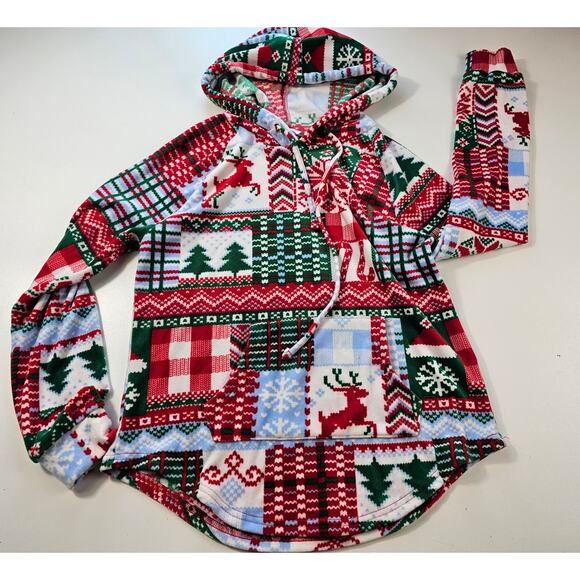 Christmas holiday velour SOFT hoodie size medium M juniors popover sweater EUC ^ - Picture 5 of 8